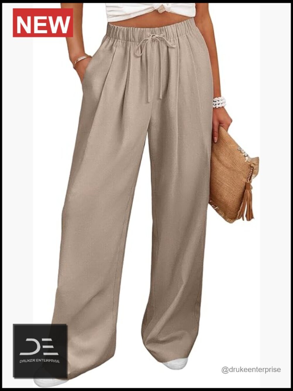 Wide Leg Linen Palazzo Pants Casual Elastic Waist Drawstring Flowy Trousers